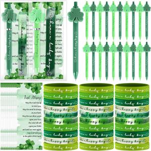 144 Pcs St. Patrick's Day Party Favors Shamrock Ballpoint Pen Silicone Wristband Bracelet Green Irish Blessing Prayer Card Bulk Good Luck Clover Gift for Teacher Employee Office Supplies