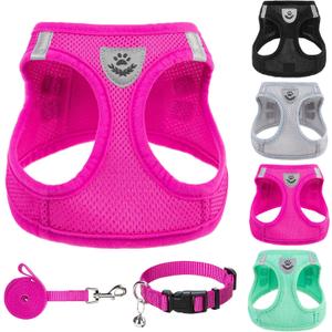 PUPTECK Adjustable Dog Harness Collar and Leash Set Step in No Pull Pet Harness for Small Medium Dogs Puppy and Cats Outdoor Walking Running, Soft Mesh Padded Reflective Vest Harnesses, Solid Pink S (S (CHEST 14.5"-16"), Solid DeepPink)