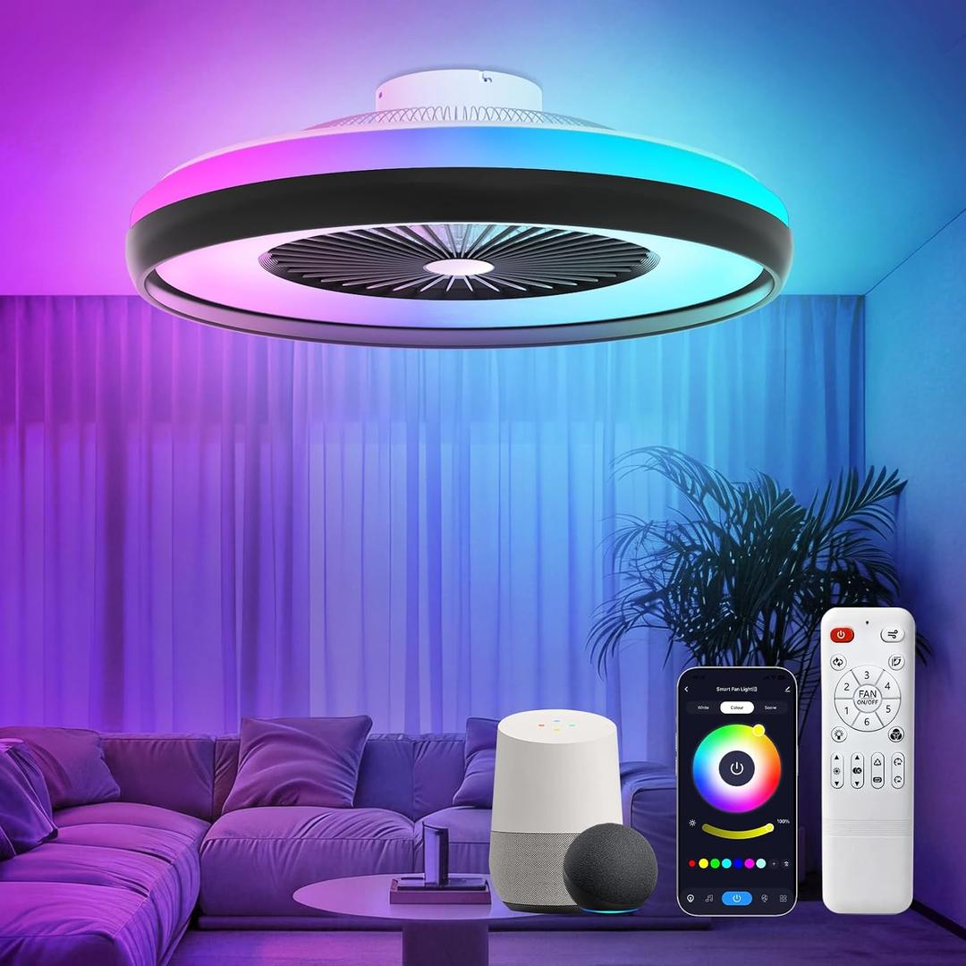 Bladeless Ceiling Fan with RGB Light, 24'' Flush Mount Low Profile Ceiling Fans with Remote & APP Control, Voice Control, 2700-6500K, 6 Speeds Dimmable LED Fan Light for Bedroom, Kids Room
