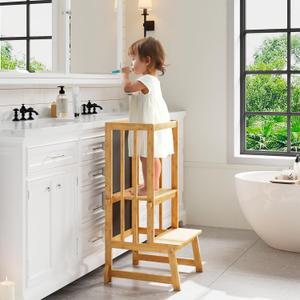 Toddler Tower, 3 in 1 Adjustable Bamboo Learning Standing Tower, Anti-tip Toddler Tower Kitchen Bathroom Helper for Kids with Chalkboard, Backrest and Nonslip Feet, Gifts for Boys Girls (Natural Bamboo)