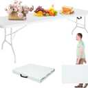 Portable 8Ft Folding Table, Heavy Duty Plastic Fold-in-Half Utility Foldable Dining Table, Multi-Purpose Plastic Folding Table with Carrying Handle for Camping and Party Indoor/Outdoor (White)