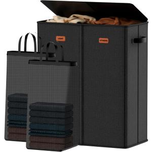 150L Double Laundry Hamper With Lid, Large Clothes Hampers with Removable Bag, Laundry Hamper 2 Section for Bathroom, Bedroom, Laundry Room, Dorm, Black