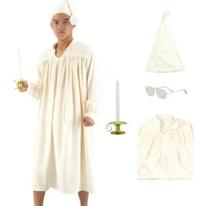 5 Pcs Men's Pajama Set Adult Nightshirt Night Sleeping Cap Gloves Candle Holder and Candle for Halloween Christmas (3X-Large, Beige-white)