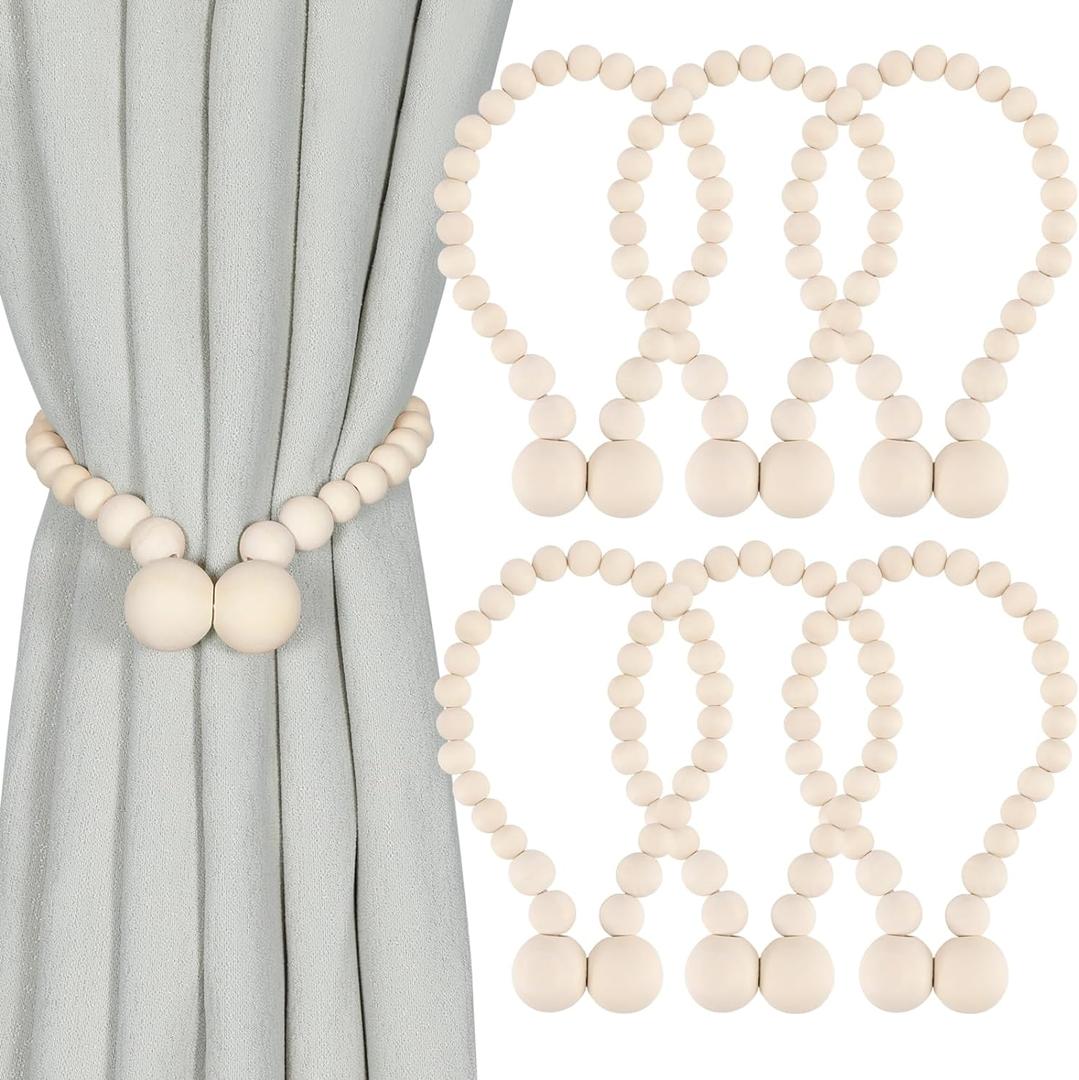 Magnetic Curtain Tiebacks, Curtain Tie Backs for Curtains 6 Pack, Wood Bead Curtain Tiebacks, Curtain Holders for Boho Bedroom Decor, Baby Nursery Decor, Farmhouse Decor