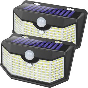 HMCITY 120 LED Outdoor Solar Lights with Motion Sensor and 3 Lighting Modes, IP65 Waterproof Wide Solar Wall Lights Ideal for Garden Patio Yard (Front Button 2Packs, Black Shell-Daylight White)