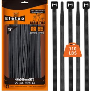 12 Inch Black Zip Ties (200 Pack), 2024 New Patented Design,110 LBS Tensile Strength, Self-Locking Nylon PA66 UV Resistant Cable Ties for Indoor and Outdoor Use