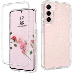 DUEDUE for Samsung Galaxy S22 6.1" 5G Case Glitter Full Body Protective 3 in 1 Heavy Duty Hybrid Hard PC Rugged Shockproof Women Girls Transparent Bling Sparkle Cover Phone Case for Samsung S22, Clear
