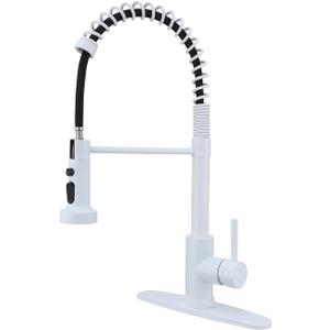 White Kitchen Faucet, with Pull Out Sprayer and Deck Plate, Pre-Rinse Commerical Kitchen Faucet, 360 Swivel High Arc Spring
