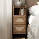 Narrow Nightstand for Small Spaces - 9.3" Slim Side Table with Rattan-Weave Drawers, Skinny Bedside Table with Open Shelf, Rustic Tall Thin Gap Filler for Bedroom & Sofa Side, Caramel Oak, 9.3" x 15.6" x 24"