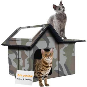 Outdoor Cat House Weatherproof, Large Feral Cat House for Winter, Collapsible Outdoor Cats Shelter with Door and Soft Mat, Easy to Assemble (17" x 13" x 15", Green)