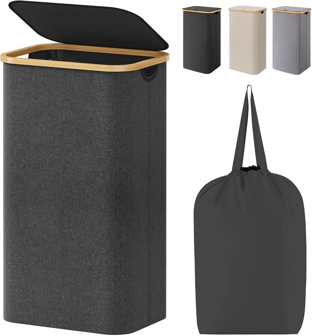 Lifewit 100L Laundry Basket with Lid, Clothes Hampers for Laundry with Bamboo Handles and A Removable Bag, Large Foldable Laundry Hamper for Bedroom, Bathroom, Dorm, Laundry Room, Dark Gray