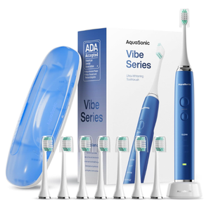 Aquasonic Vibe Series UltraWhitening Toothbrush – ADA Accepted Electric Toothbrush  8 Brush Heads & Travel Case – 40,000 VPM Motor & Wireless Charging  4 Modes w Smart Timer – Sapphire Blue