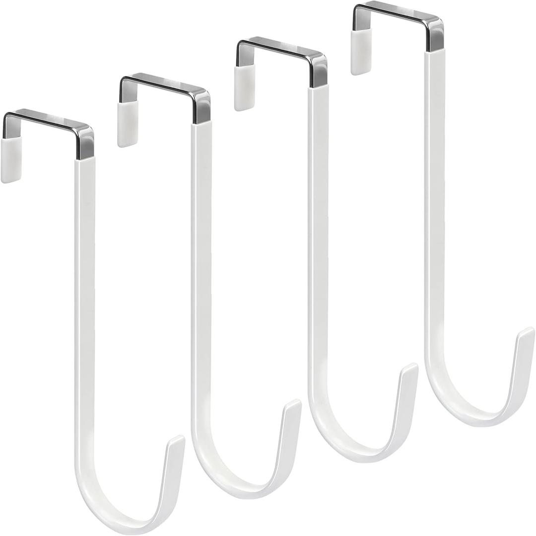 FYY Over the Door Hooks, 4 Pack Upgraded Long Door Hangers Hooks with Rubber Prevent Scratches Heavy Duty Organizer Hooks for Hanging Clothes, Towels, Hats, Coats, Bags White