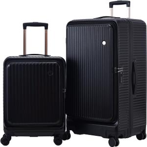 Kaleenie 2 pieces 20/29 Aluminum Frame Carry On and Checked Luggage Set with Side Opening, Lightweight Hardshell ABS+PC Trunk Suitcase with TSA Lock, 360 Universal Wheels & Adjustable Handle, Black