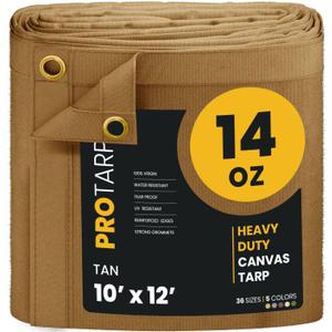 PROTARP Heavy Duty 14 OZ Water Resistant Canvas Tarp, UV Resistant Tarpaulin Cover with Rustproof Brass Grommets, Multipurpose for Canopy, Roof, Camping, Woodpile (Tan 10'X12')