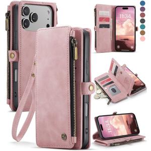 Defencase Compatible with iPhone 17 Pro Case Wallet with RFID Blocking Card Holder for Women Men, Fashion PU Leather Magnetic Snap Flip Zipper Strap Wallet Phone Case for iPhone 17 Pro 6.3", Rose Pink