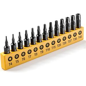 Torx Star Punch & Security Bit Set 13PCS 1-Inch, S2 Steel Tamper Proof Bits with Hole (T4, TT5-TT40) for Electronics, Auto & Impact Driver, 1/4" Hex Shank Specialty Bits