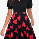 Mokayee Dresses That Hide Belly Fat Womens Summer Black Floral Short Puff Sleeve Casual Semi-Formal Color Red Heart Fit and Work Wedding Guest Dress with Pockets, Large