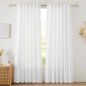 RYB HOME Sheer Curtains White 90 inches Long - Linen Texture Wave Fabric Vertical Window Shades for Sliding Glass Door Balcony Terrace Sun Room Beach Pool House, 52 x 90 inches, 1 Pair