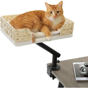 PAWZ Road Cat Desk Bed for Indoor Cats, Wicker Cat Bed for Desk Supports Up to 50 lbs, 360 Rotation & Adjustable Soft Plush Cats Hammock for Desktop, White (Beige)
