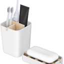 Toothbrush Holders and Soap Holder Set, Tooth Brush Holder with 4 Slots, Plastic Soap Dish Tray for Shower, Bathroom Accessories Set for Countertop Storage - White