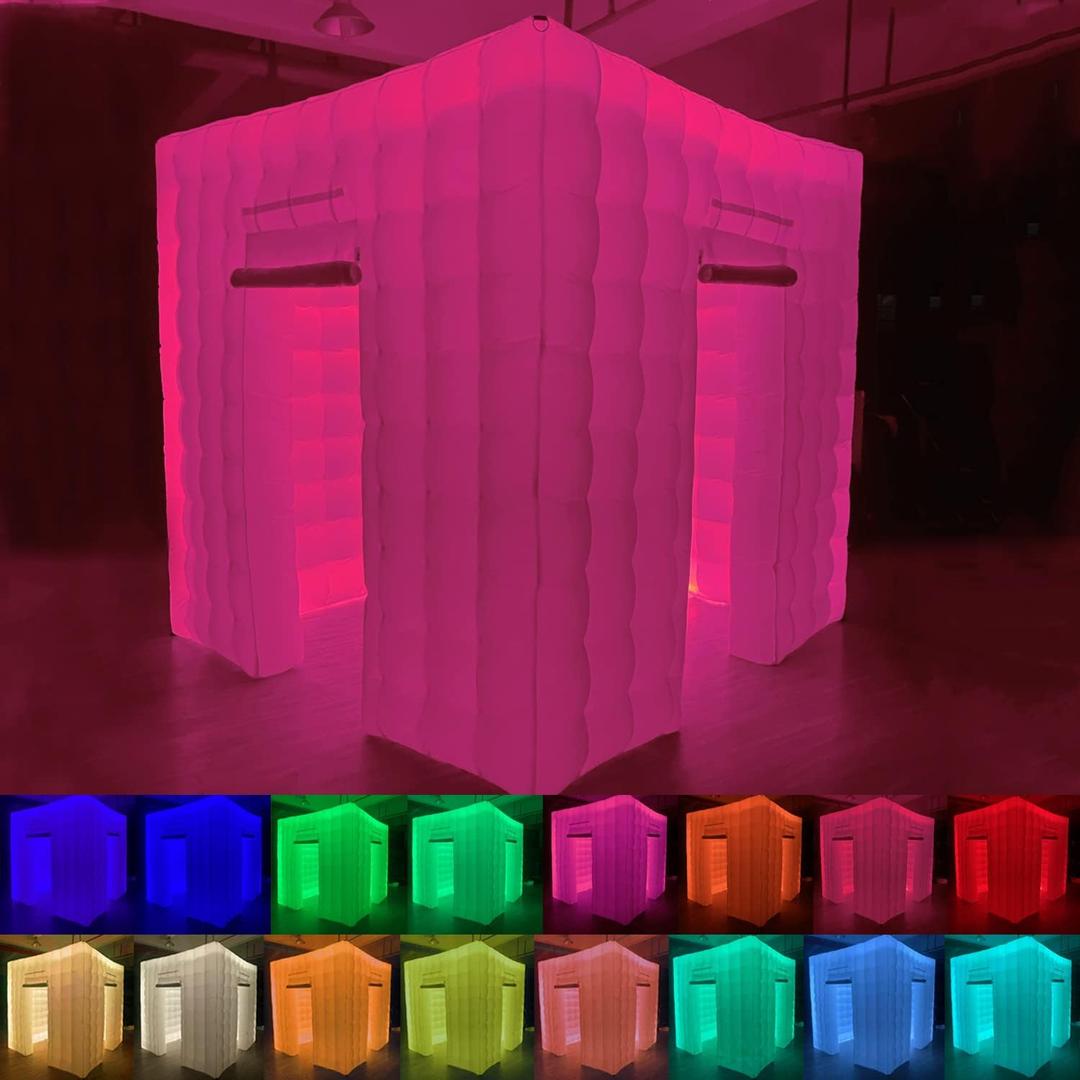 Inflatable Photo Booth Enclosure, 8.2 x 8.2ft Portable 16 Colors LED Dimmable Shooting Photobooth Tent Kit with 2 Doors and Inner Air Blower, Remote Controller, Carry Bag (White Cube)