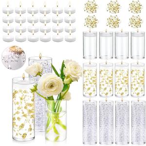 UDU 12 Set Glass Cylinder Vases for Centerpieces with 80000 Clear Water Vase Filler Gel Beads 24 White Floating Candles 6 Pearl String for Wedding Party Home Table Decoration (S+M+L, 12 Set Gold Pearl String)