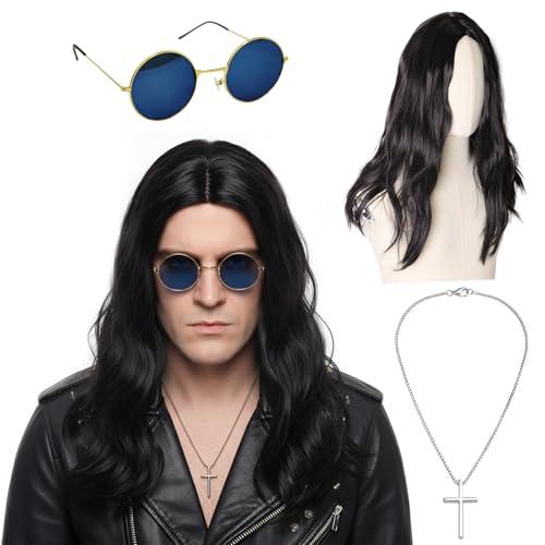 Quibark 80s Rocker Costume Accessories Set for Men – Heavy Metal Rocker Costume with Natural Curly Long Hair Wig + Gothic Cross Necklace + Blue Retro glasses for Halloween Outfit