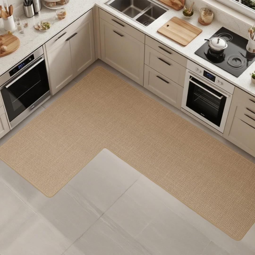 Anti-Slip Corner Kitchen Rug, 1 Piece L-Shaped Floor Mats,Super Absorption Linen Corner Mat for Home,Kitchen (Beige Right-L, 31''X47''X18'')