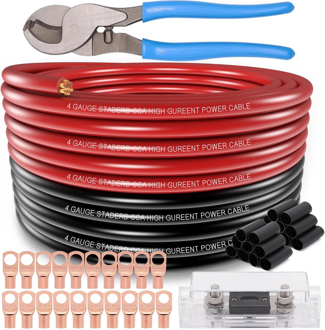 4 Gauge Wire (25FT Black+25FT Red) Copper Clad Aluminum CCA,100A ANL Fuse Holder20PCS Lugs Terminal Connectors,20PCS 3:1 Heat Shrink Tube and a 10 Inch Heavy Duty Cable Cutter