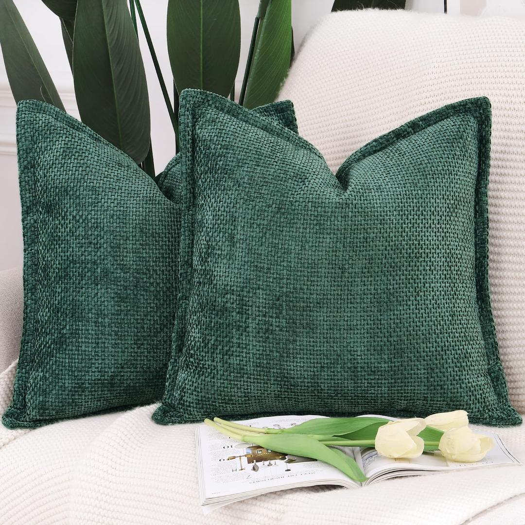 MADIZZ Chenille Velvet Throw Pillow Covers with Flange Set of 2 Super Soft Boho Textured Pillow Covers Decorative Throw Pillowcases Modern Farmhouse Home Decor for Sofa Bedroom Dark Green 18x18 Inch