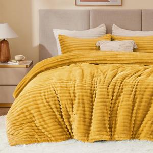 BEDELITE Fleece King Comforter Set -Super Soft & Warm Fluffy Mustard Yellow Bedding, Luxury Fuzzy Heavy Bed Set for Winter with 2 Pillow Cases