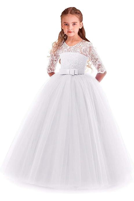 Lace Tulle Flower Girl Dress for Wedding Kids Applique Long Sleeve Pageant Dress Bowknot Princess Prom Ball Gowns 13-14Y