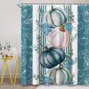 Blue Teal White Fall Pumpkin Shower Curtain Sets for Bathroom 60Wx72H Eucalyptus Leaves Shower Curtain Thanksgiving Autumn Bathtub Curtain Flower Holiday Flower Floral Boho Bathroom Decor