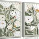 2 Pcs Boho Wildflowers Canvas Wall Art Green Bohemia Abstract Floral Botanical Painting Picture Wall Decor Poster Print Artwork for Living Room Bedroom Bathroom Home Decoration, 16x24in