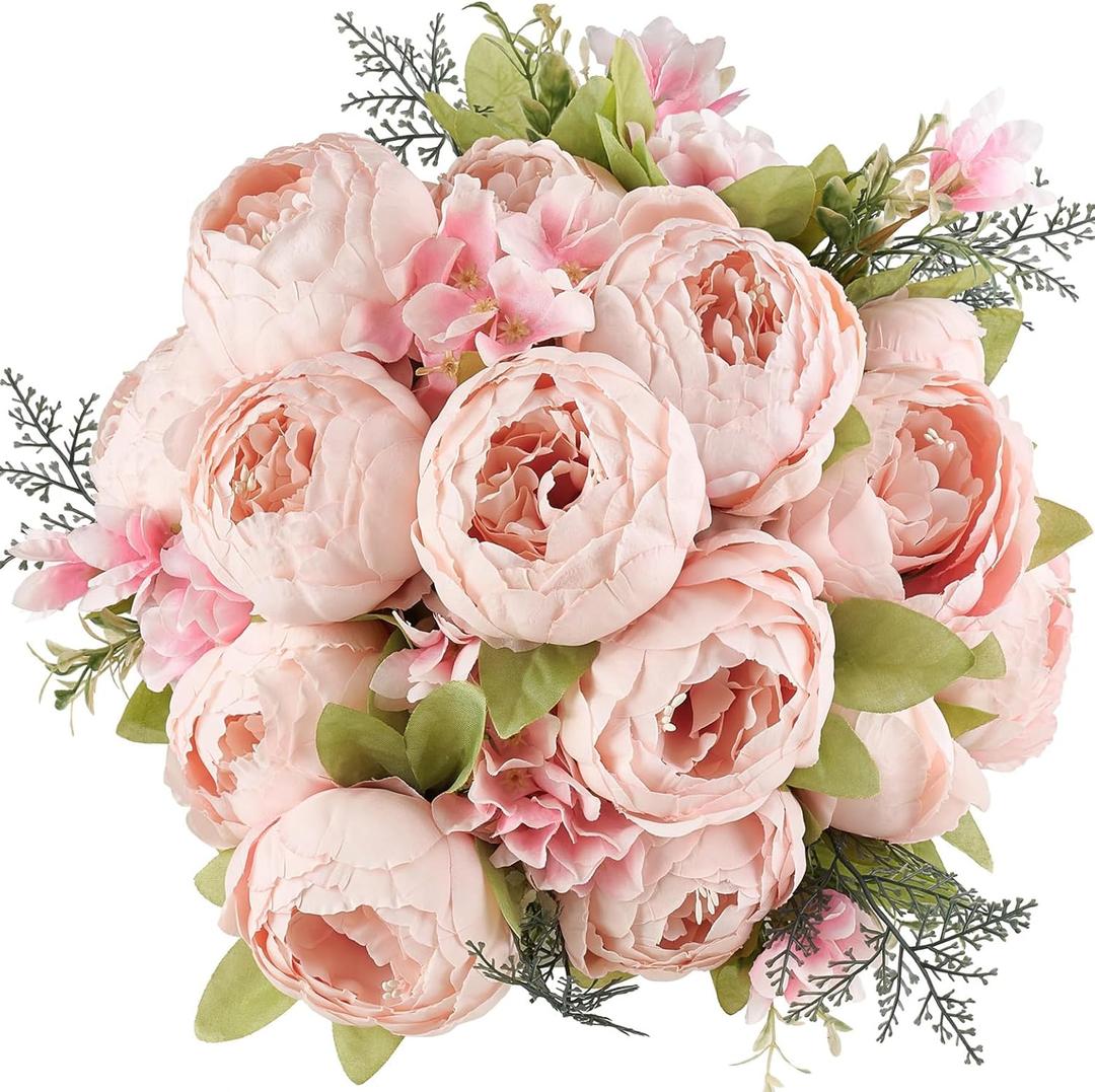 Mkono Peonies Artificial Flowers, 2 Packs 13 Stems Faux Peony Flowers Real Touch Fake Silk Bouquet for Arrangements Dining Table Centerpieces for Kitchen Bridal Wedding Party (2, Spring Light Pink)