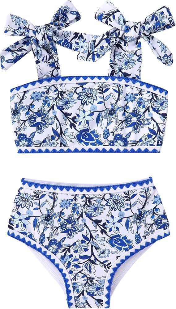 YOUNGER TREE Toddler Girls Two Pieces Swimsuit Color Block Stripe Swimwear Summer Beach Bathing Suit, White Blue Flower, 18-24 Months