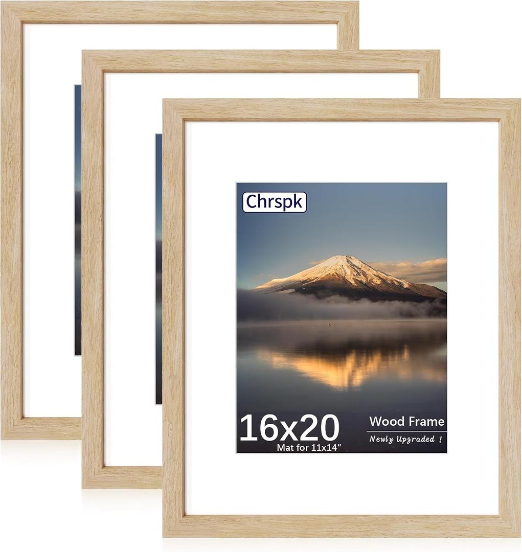 16x20 Poster Frame, Display Pictures 11X14 with Mat or 16x20 Without, Wall Hanging Frames, Natural Oak, 3 Pack
