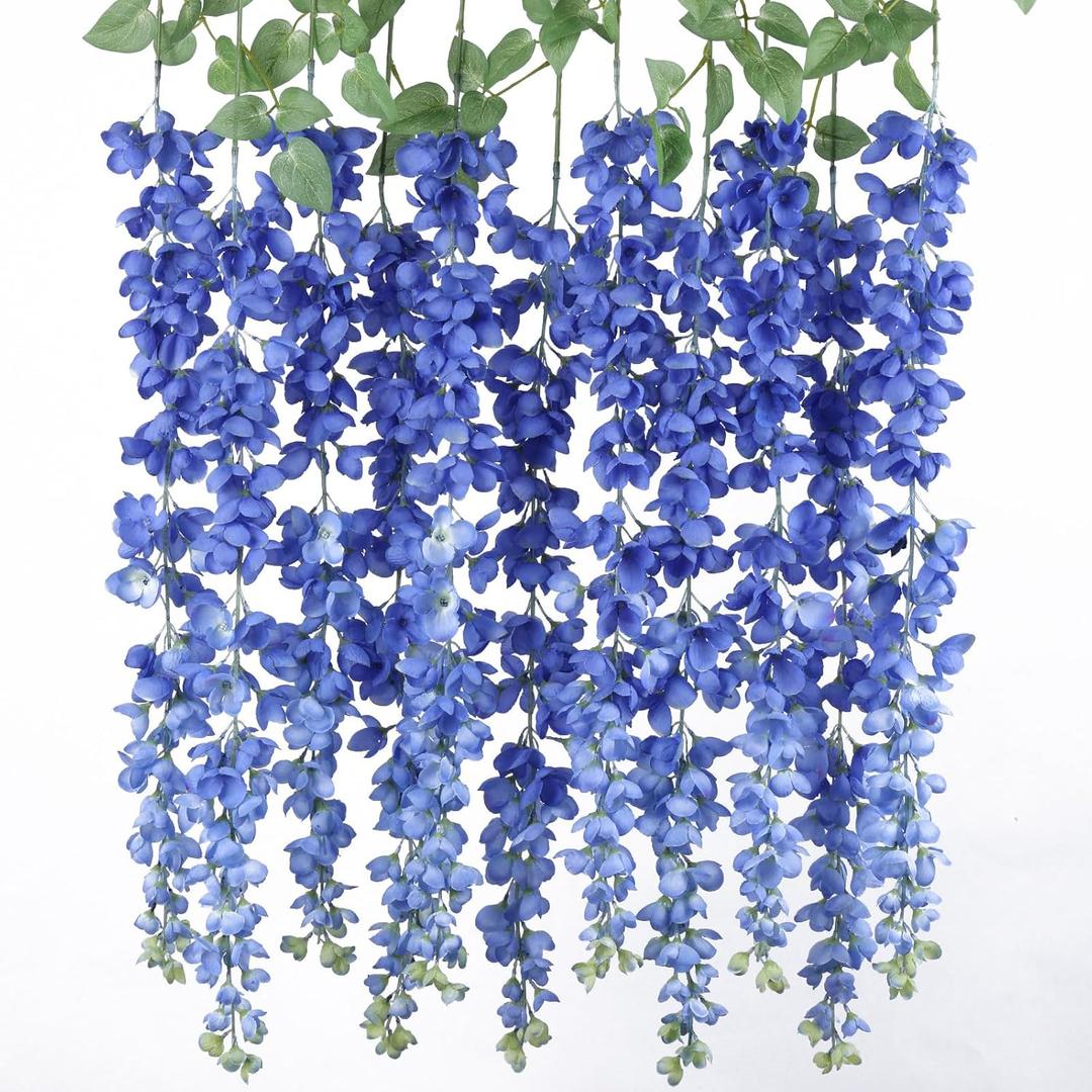 mizii 6Pcs Royal Blue Wisteria Hanging Flowers 48" Silk Wisteria Artificial Flowers Garland Vines Fake Hanging Flowers Decoration for Wedding Flower Wall Backdrop Centerpieces Room Decor (Royal Blue)
