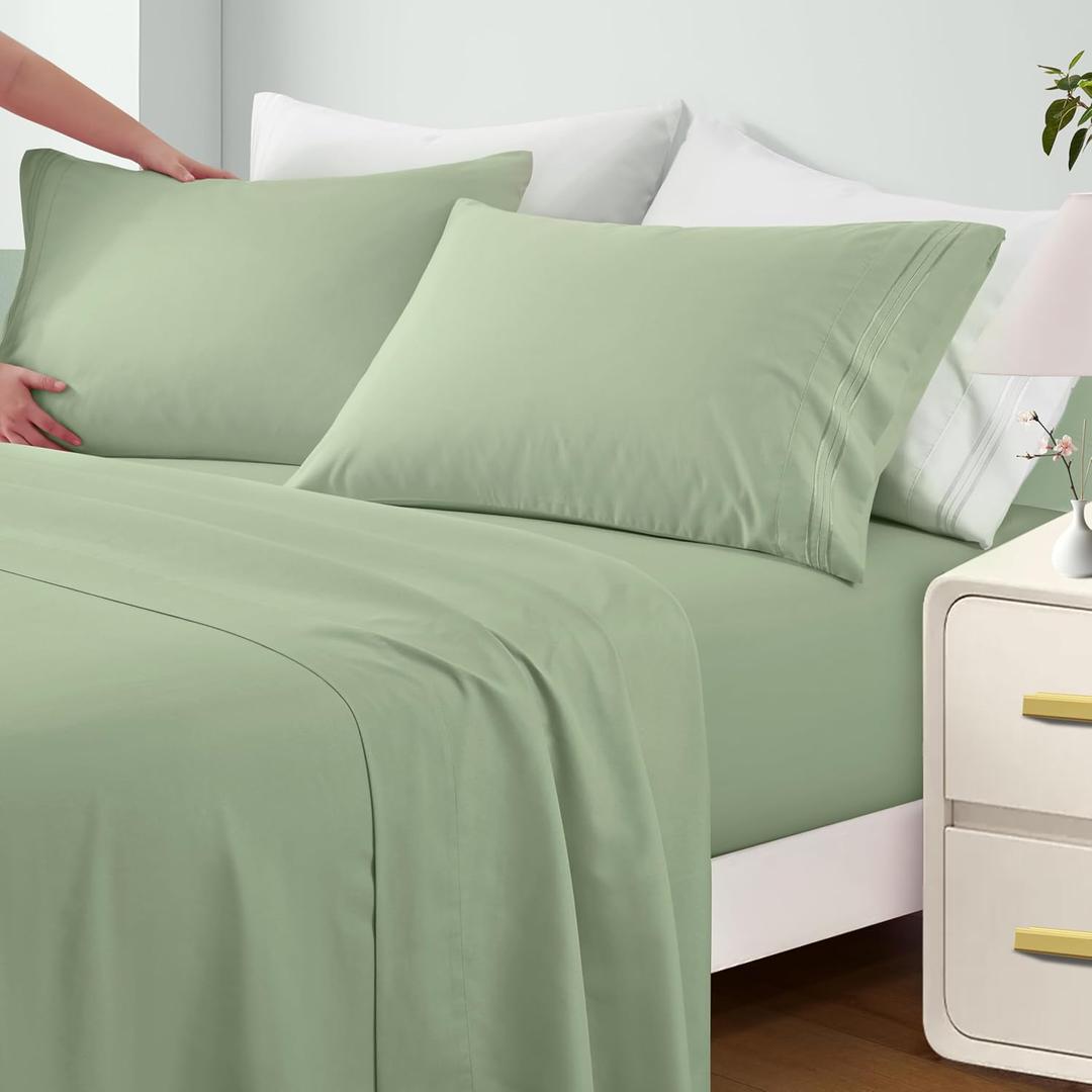 INVGEEXI King Sheet Set - 4 Piece Microfiber King Size Sage Green Sheets Hotel Luxury 1800 Thread Count Bed Sheet 16" Deep Pocket Fitted Sheet, Flat Sheet & 2 Pillowcase, Wrinkle Free Sheets Set INVGEEXI King Sheet Set - 4 Piece Microfiber King Size Sage Green Sheets Hotel Luxury 1800 Thread Count Bed Sheet 16" Deep Pocket Fitted Sheet, Flat Sheet & 2 Pillowcase, Wrinkle Free Sheets Set