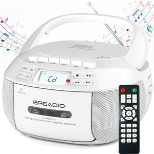 Greadio CD Player Boombox Cassette Player Combo with Bluetooth,AM/FM Radio,Stereo Sound with Remote Control,AUX/USB Drive,Tape Recording,AC/DC Powered,Headphone Jack,LCD Display for Home,Kids,Gift (White)