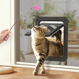 LIBBEPET Cat Door for Screen Door, Lockable Cat Screen Door for Cats & Small Dogs Up to 20 lbs, Magnetic Flap Opening 7 x 9 inches, Equipped with Interactive Cat Toy & Installation Tools, Black