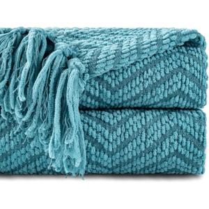 BATTILO HOME Teal Throw Blanket for Couch, Knit Woven Turquoise Blankets Versatile for Chair, Super Soft Warm Decorative Green Blanket with Tassels for Bed Sofa, 50"x60"