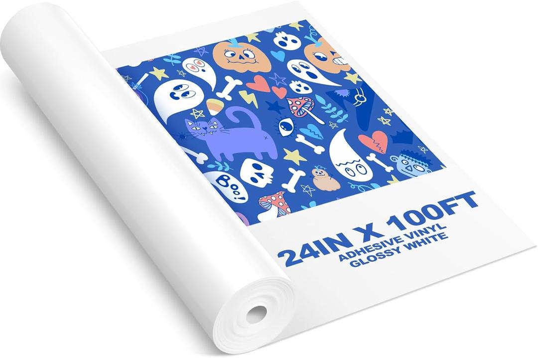 Ireer 24 Inch x 100ft Glossy White Permanent Vinyl Printable Adhesive Vinyl Roll Peel and Stick Sticker Paper for All Professional Inkjet Printers for Office DIY Factory Enterprise, 10 Mil Thick