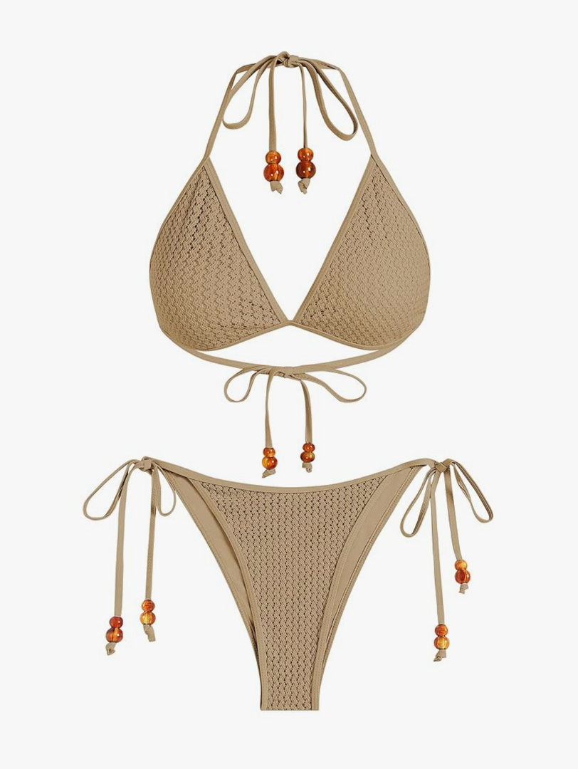 ZAFUL Women Bikini Set Two Piece Textured Beaded Tie Back Halter Cheeky Swimsuit Bathing Suit S, Coffee