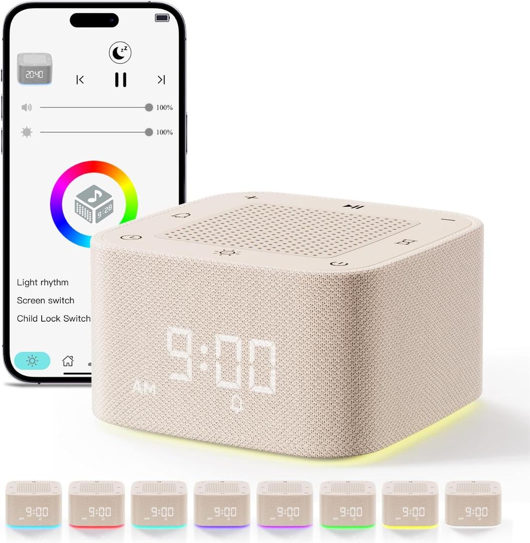 Sound Machine Alarm Clock, 32 Soothing Sounds, 8 Night Light, App Control White Noise Sound Machine with Dimmable Clock, Auto-Off Sleep Timer, Volume Control White Noise Machine for Baby, Kids, Adult