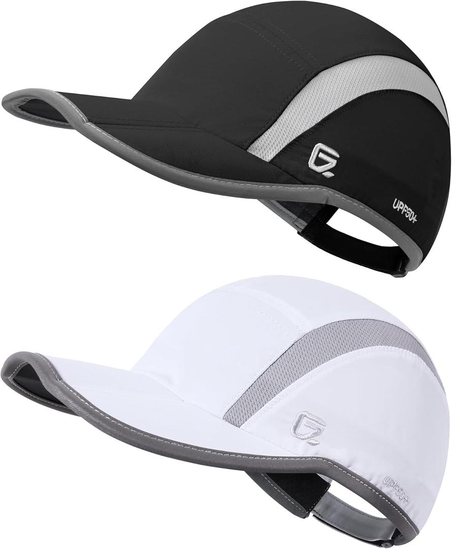 GADIEMKENSD 2 Pack Reflective Foldable Sports Hat UPF 50+ Sun Protection Outdoor Run Hats for Men and Women (One Size, Black+white)