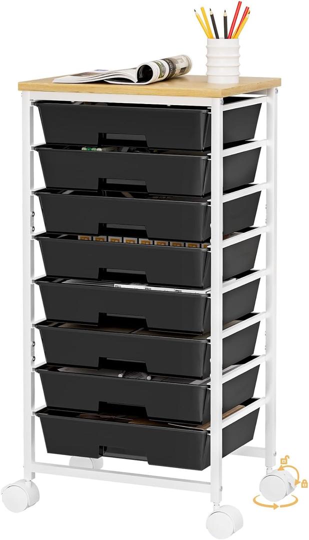 Homde Rolling Storage Drawer Cart: 8-Drawer Sort to Clear Desk & Dresser Clutter - Anti-Fall Smooth Glide Prevents Spill-Out During Daily Grab - Lockable Wheels Keep It Steady