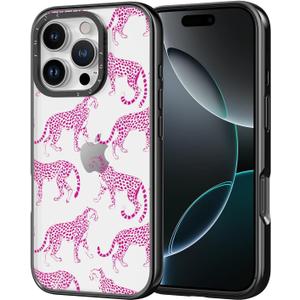 for iPhone Case - [6.6 ft Military-Grade Drop Protection] [Anti-Peel Technology] Clear Black TPU Bumper Case with Cute Design (Pink Leopard, iPhone 16 Pro)