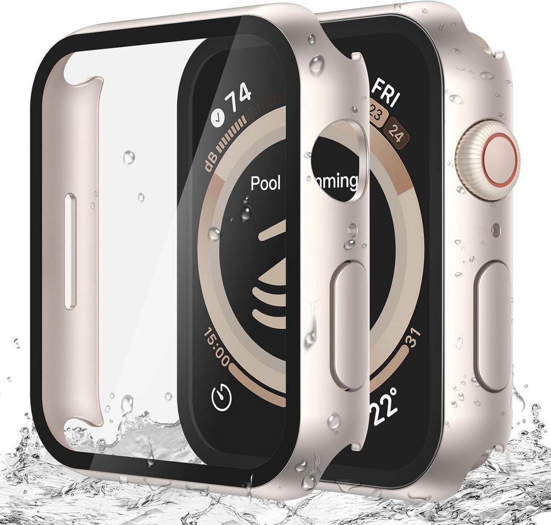 Misxi [2 Pack Waterproof Anti-Scratch Case with Button for Apple Watch Series 9 Series 8 Series 7 45mm, Hard PC Cover with Tempered Glass Screen Protector for iWatch, Starlight